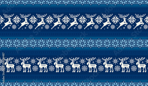 Christmas Pixel Pattern with Deers and Elks. Traditional Nordic Seamless Striped Ornament. Scheme for Knitted Sweater Pattern Design or Cross Stitch Embroidery.