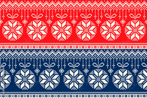 Christmas Pixel Pattern with Christmas Tree Balls. Traditional Nordic Seamless Striped Ornament. Scheme for Winter Holiday Knitted Sweater Pattern Design.