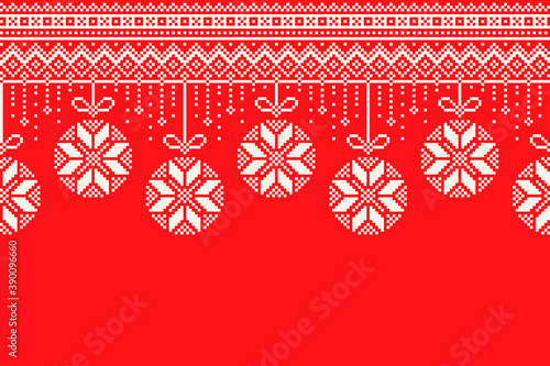 Winter Holiday Pixel Pattern. Garland of Christmas Tree Balls Ornament. Christmas and New Year Vector Seamless Background with a Place for Logo and Text. Scheme for Knitted Sweater Pattern Design.