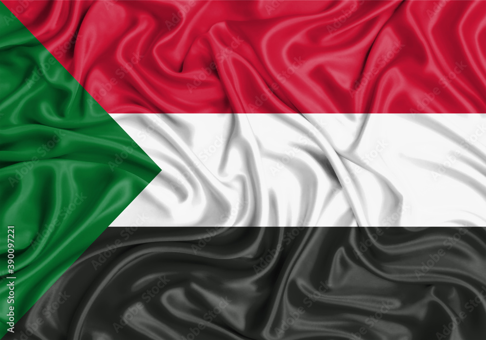 Sudan , national flag on fabric texture waving background.