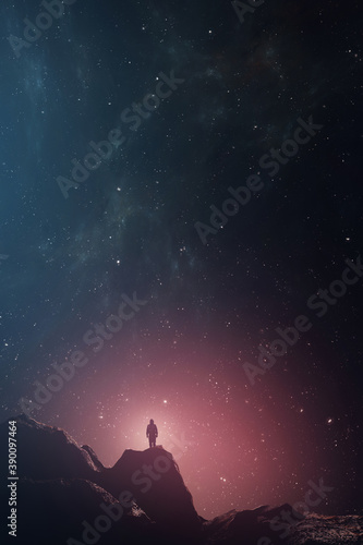 man watching starry sky, astronomy night landscape