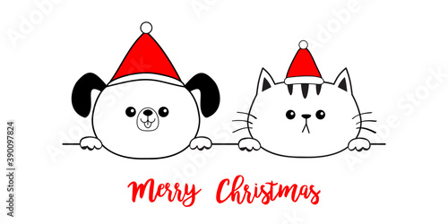 Merry Christmas. Cat dog face icon. Red Santa Claus hat. Hands paw holding line. Cute cartoon pooch kitten character. Kawaii animal. Funny baby puppy kitty. Flat design. White background.