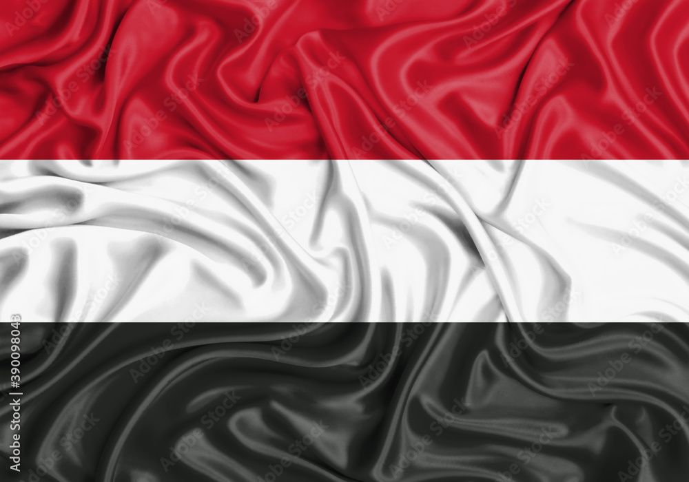 Yemen , national flag on fabric texture waving background.