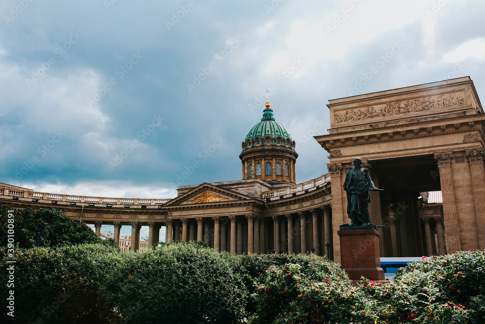 Kazan Cathedral in Saint Petersburg against a cloudy sky