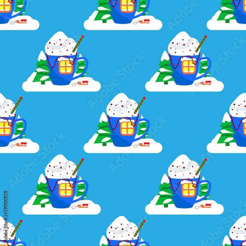 Cute seamless pattern with a winter drink in a cup, a spruce tree, a sleigh in a snowdrift on a blue background. Winter festive ornament in flat style. Cartoon items of New Year and Christmas