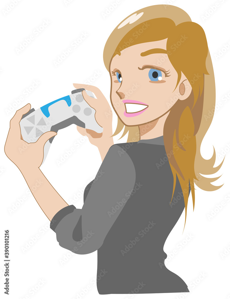 新型ゲームのコントローラーを持ち笑う女性 新型ゲームのコントローラーを持ち笑う女性