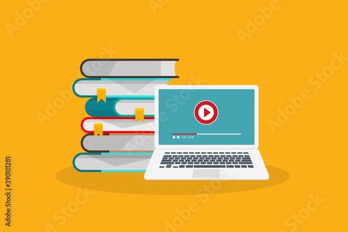 Online learning. Concept of webinar, business online training, education on computer or e-learning concept, video tutorial vector illustration