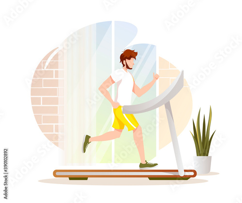 Young man running on a treadmill at home. Running, Sport training, Healthy lifestyle, Energy, Fitness. Cardio workout concept. Isolated vector illustration for poster, banner, placard, card, cover.