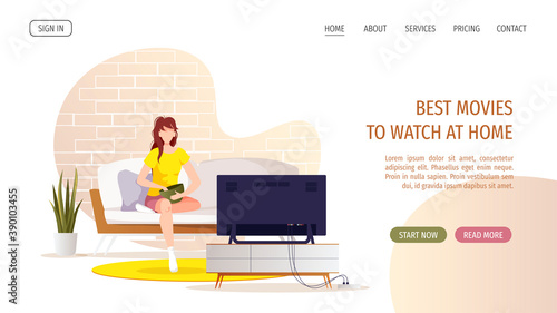 Young woman sitting on the sofa and watching TV. Living room, interior, home leisure, spare time, television concept. Vector illustration for poster, banner, website.