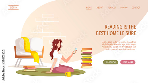 Woman sitting with phone and stacks of books at home. Reading, book lovers, E-book reader, home leisure concept. Vector illustration for poster, banner, cover, website.