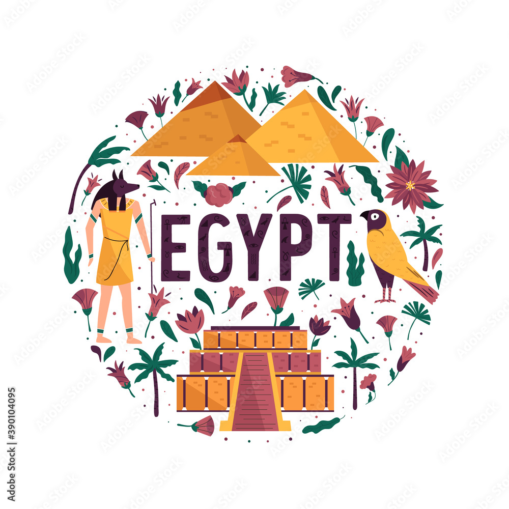 Abstract circle design with landmarks and symbols of Egypt