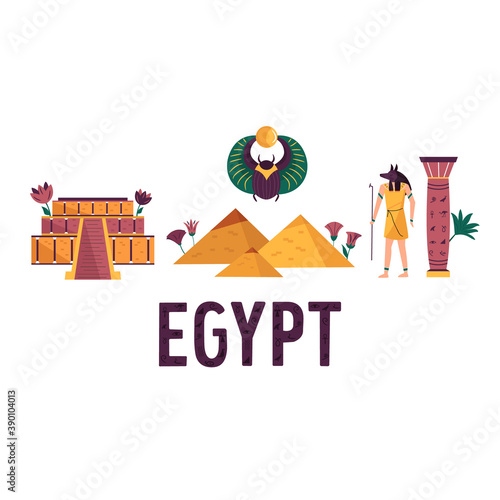 Abstract composition with famous symbols and landmarks of Egypt. Karnak temple, Valley of Kings, Pyramids of Giza