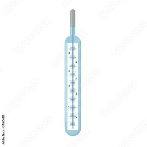 Glass thermometer, medical equipment with temperature measurements isolated on white background. Detailed element, object.