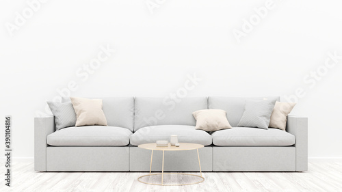 Living room interior with a gray sofa, pillows and a coffee table. White empty wall. 3D render.