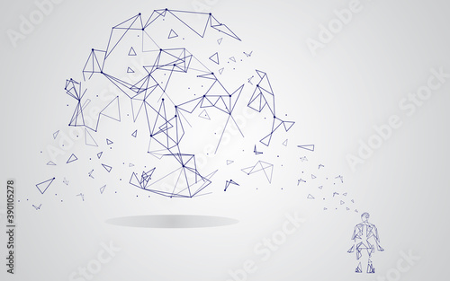 Man integrates into the global network using artificial intelligence isolated on gray background. For ai vector design and low poly. Abstract concept vector