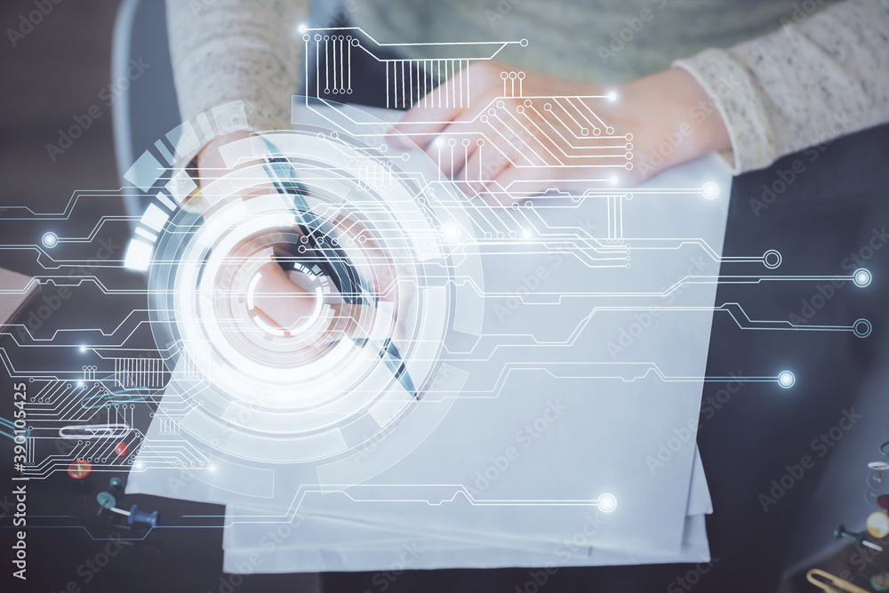 Double exposure of writing hand on background with data technology hologram. Big data concept. Double exposure of writing hand on background with data technology hologram. Big data concept.