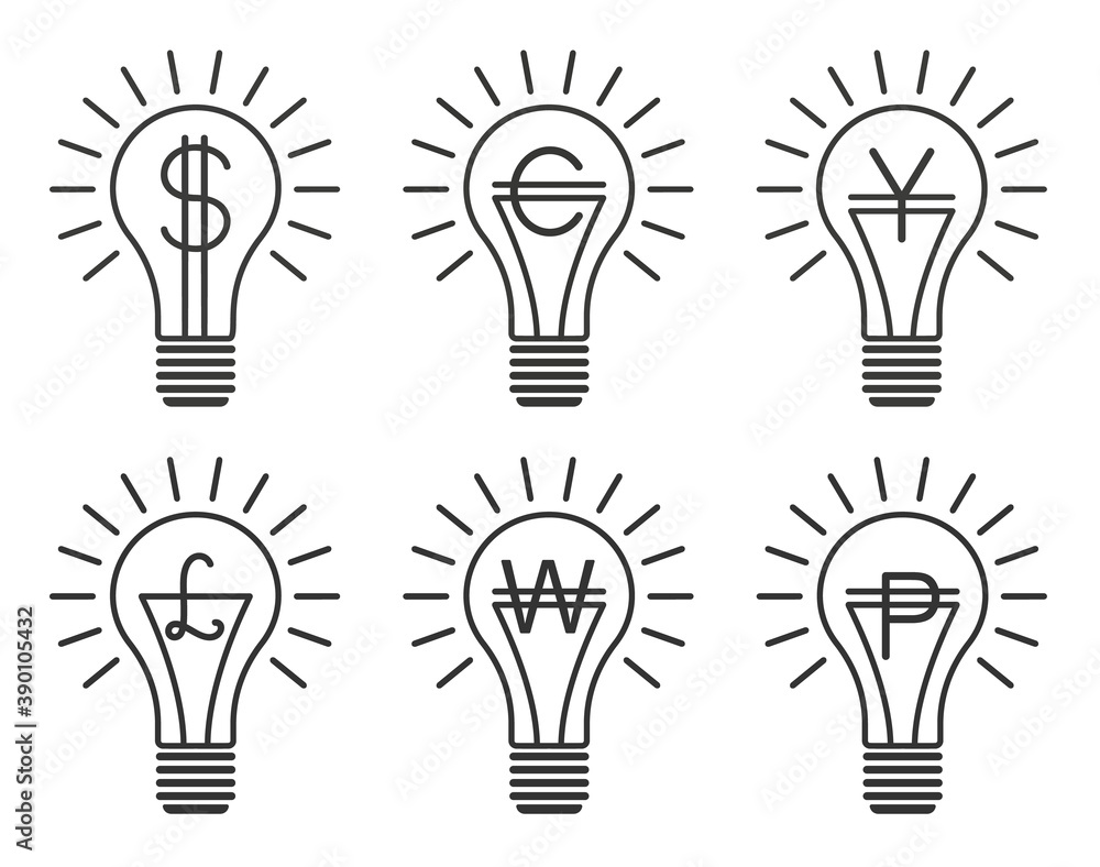 Set of black outline vector lightbulbs with dollar, euro, yen, peso, linear business idea. Simple isolated finance currency symbols with money signs in the bulb Set of black outline vector lightbulbs with dollar, euro, yen, peso, linear business idea. Simple isolated finance currency symbols with money signs in the bulb