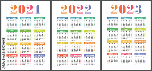 Calendar 2021, 2022 and 2023. English colorful vector set. Vertical wall or pocket calender template. Design collection. New year. Week starts on Sunday
