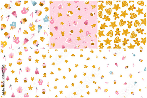 Christmas sweets seamless pattern set. Vector hand-drawn illustration of cocoa cups, muffins, gingerbread cookies, decorated for the holidays. Cute Pastel Palette