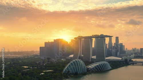 SINGAPORE - FEBRUARY 2: Hyper lapse Aerial drone view of Singapore business district and city, Marina Bay is bay located in the Central Area of Singapore on February 2, 2020 in Singapore.