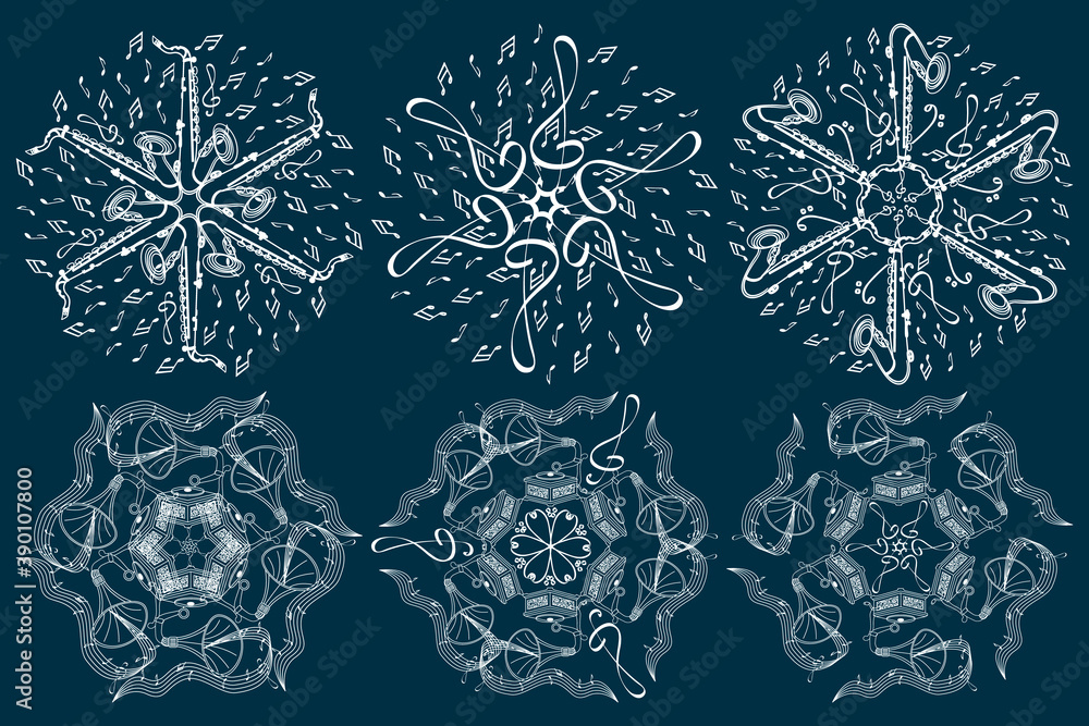 A set of six musical snowflakes. Vector winter icons of white color on a blue background. A set of six musical snowflakes. Vector winter icons of white color on a blue background.
