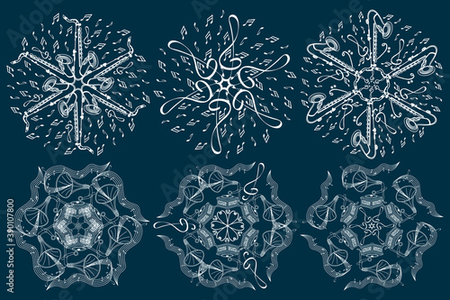 A set of six musical snowflakes. Vector winter icons of white color on a blue background. 