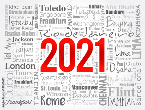 Photography 2021 travel cities word cloud collage, trip destinations concept background