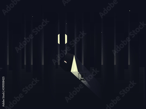 Vector art poster with nature concept. Camping in a forest with moonlight. Graphic image with gradient. Great for notebook or book cover, web banner with creation atmosphere. 