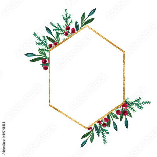 Watercolor winter Christmas wreath with berries and gold geometric frame