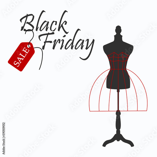 Concept for Black Friday. Image of a mannequin on a white background with the words black Friday and sale. Graphic printing for textiles and fabrics, packaging paper, banners, flyers, invitations.