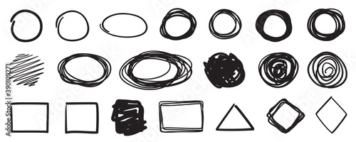 Hand drawn different shapes on white. Black and white illustration