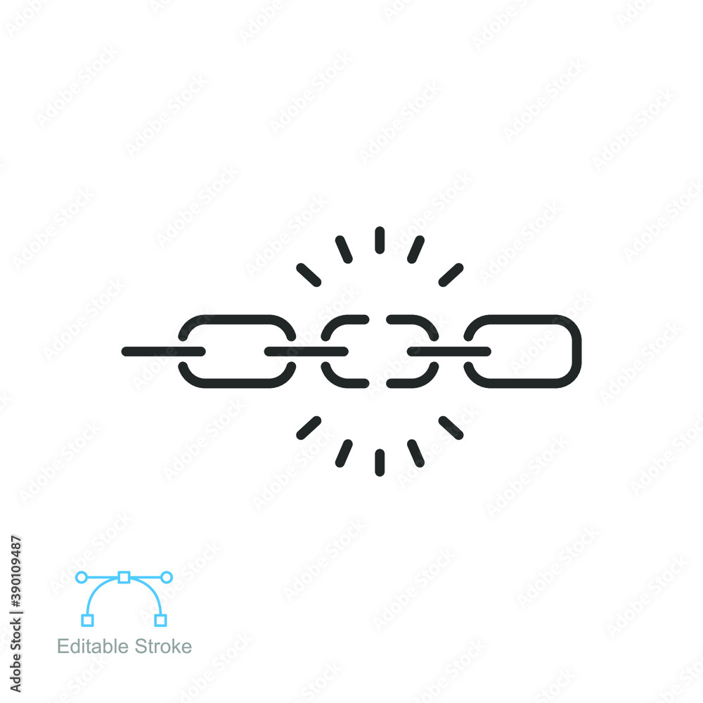 Broken chain line icon. Wreck chain link, torn chain, failure disconnection idea concept. Unlink,  disconnected Loop. Editable stroke. Vector illustration. Design on white background. EPS 10
