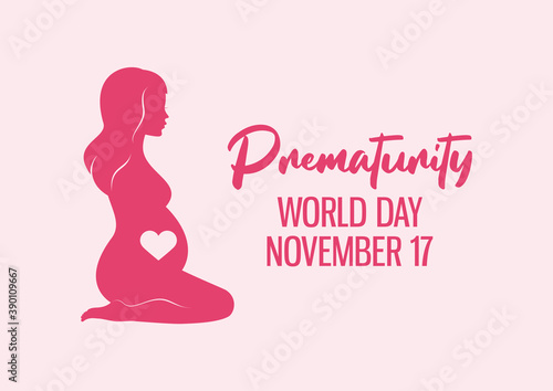 World Prematurity Day vector. Beautiful pregnant kneeling woman silhouette icon vector. Silhouette of pregnant woman with heart vector. Prematurity Day Poster, November 17. Important day