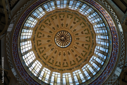 Valencia Spain - 18.06.2019  Glass Dome with ornaments  patterns  fresco at the Central Market of Valencia. Indoor  ceiling.