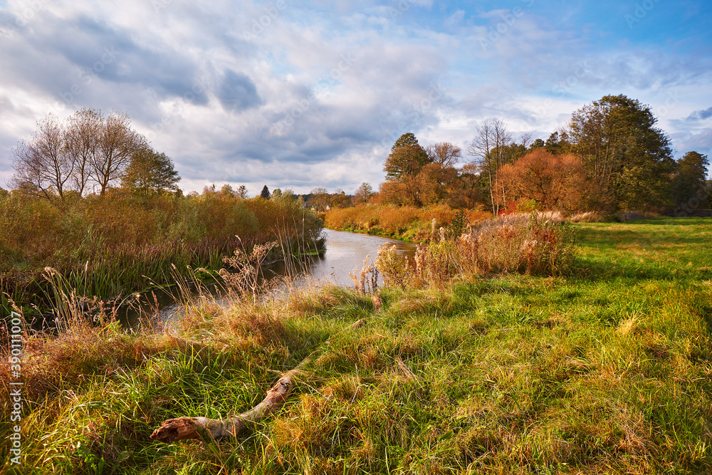 Colorful autumn landscape with forest, field, lake. Scenic rural landscape
