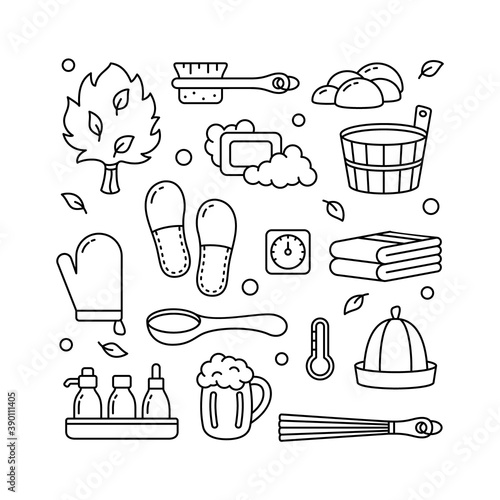 Square poster for bath theme, sauna or Russian banya. Graphic template for label, bag print, banner. Black contour illustration of spa accessory and tools. Isolated vector icons set, white background
