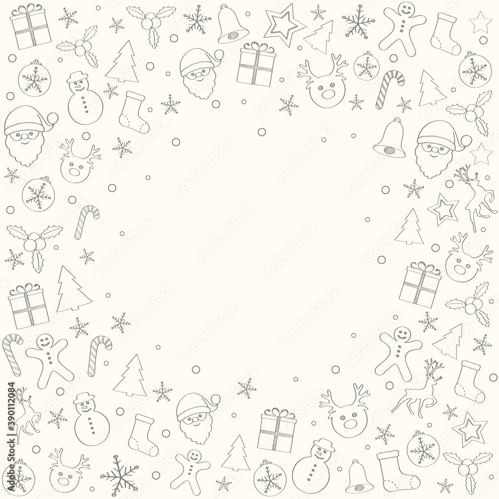 Concept of Christmas card template with garland and ornaments. Vector.
