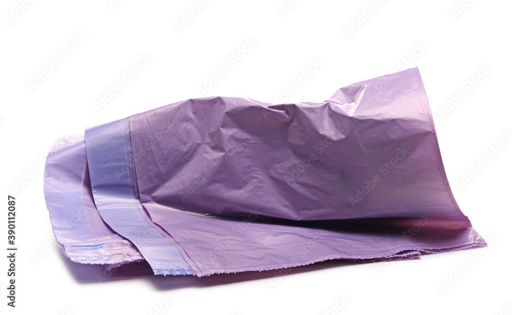 Purple clean plastic garbage bag isolated on white background