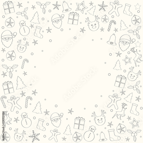 Concept of Christmas card template with garland and ornaments. Vector.
