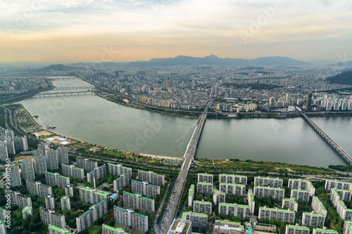 Photography Awesome aerial view of Seoul at sunset, South Korea