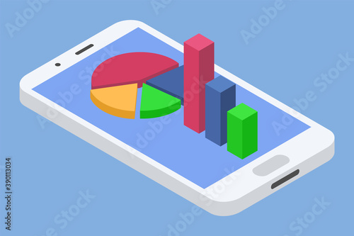 Isolated mobile phone with statistics charts on screen. Diagram icon with red and blue, yellow and green segments. Infographic about researches for financial report. Vector illustration in flat style