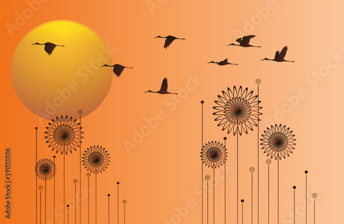 dandelion silhouette with flying seeds and hearts for valentines day illustration, Autumn background, Dandelion Sunset Illustration