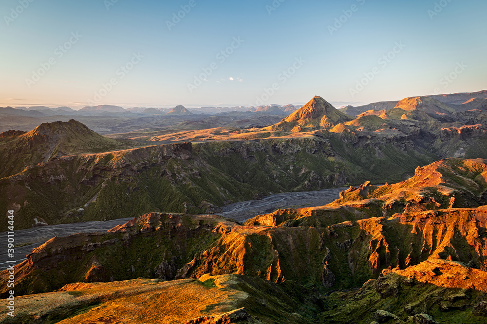 Fototapeta premium Thorsmork’s mountains at sunset, Iceland