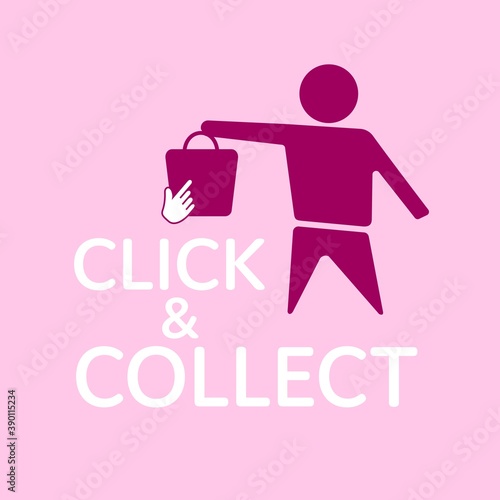 Click and Collect concept. E-commerce click and collect online ordering service symbol. Shopping bag. Shopping cart.