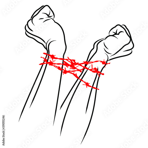 Vector linear black and white drawing of hands in a red barbed wire on a white background. The symbol of the fight against injustice and the fight for freedom. Freedom for prisoners.