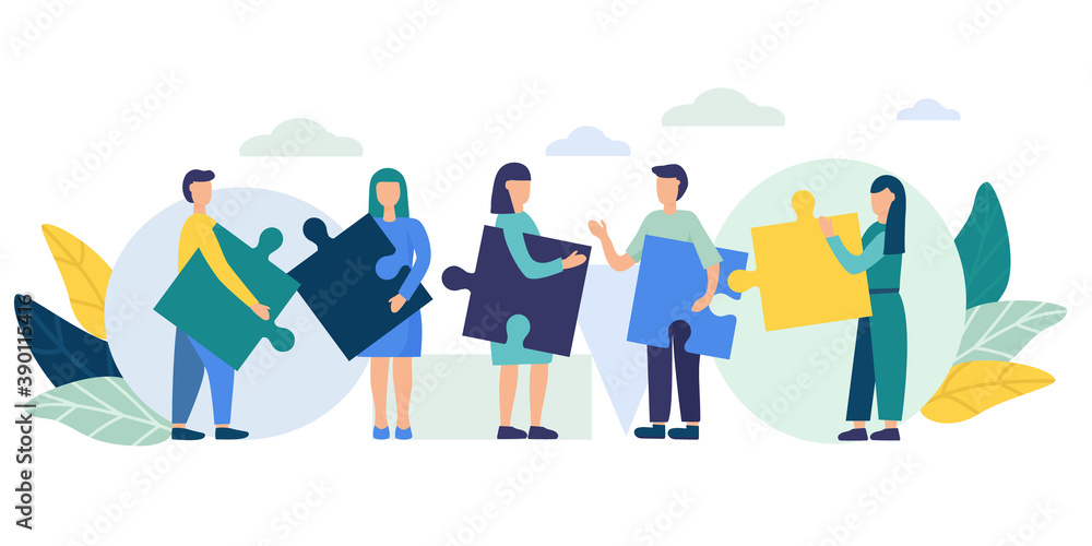 People connect the parts of the puzzle. Business concept of teamwork. Successful cooperation and partnership. Team building, increasing the efficiency of employees. vector flat illustration
