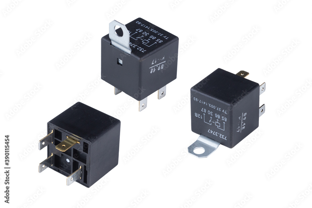 Automatic electronic collection isolated on a white background. Automotive electromagnetic relays.