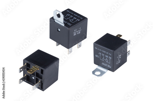 Automatic electronic collection isolated on a white background. Automotive electromagnetic relays.