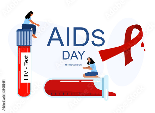 World AiDs day 1st of December. HIV tests for blood.Immunodeficiency virus prevention and diagnostic concept.Awareness ribbon symbol.Tiny people are sitting on laboratory tube.Disease transmission.