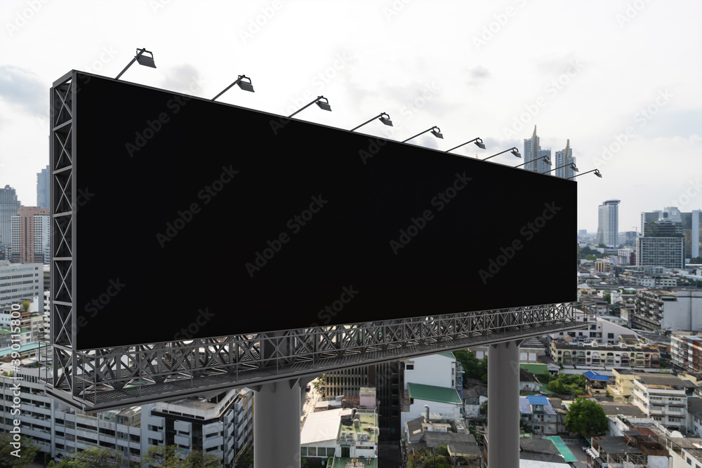 Blank black road billboard with Bangkok cityscape background at day time. Street advertising poster, mock up, 3D rendering. Side view. The concept of marketing communication to promote or sell idea. Blank black road billboard with Bangkok cityscape background at day time. Street advertising poster, mock up, 3D rendering. Side view. The concept of marketing communication to promote or sell idea.